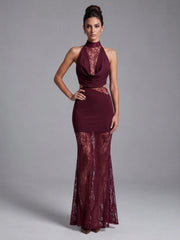 Burgendy Turtleneck Lace Patchwork Folds Maxi Dress
