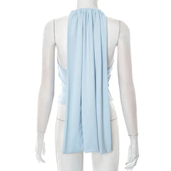 Mannequin wearing a light blue scarf draped over one shoulder on a white background