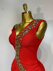 Red Rhinestone Embellished One Shoulder Draped Maxi Dress