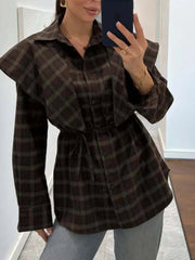 Plaid lapel collar belted shirt