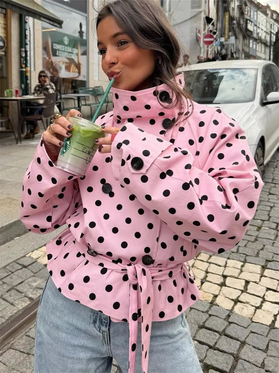Pink polka dot double-breasted belted jacket