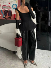 Black Square Neck Peplum Tank Top