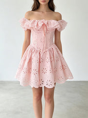 Off-the-Shoulder Ruffled Eyelet Mini Dress