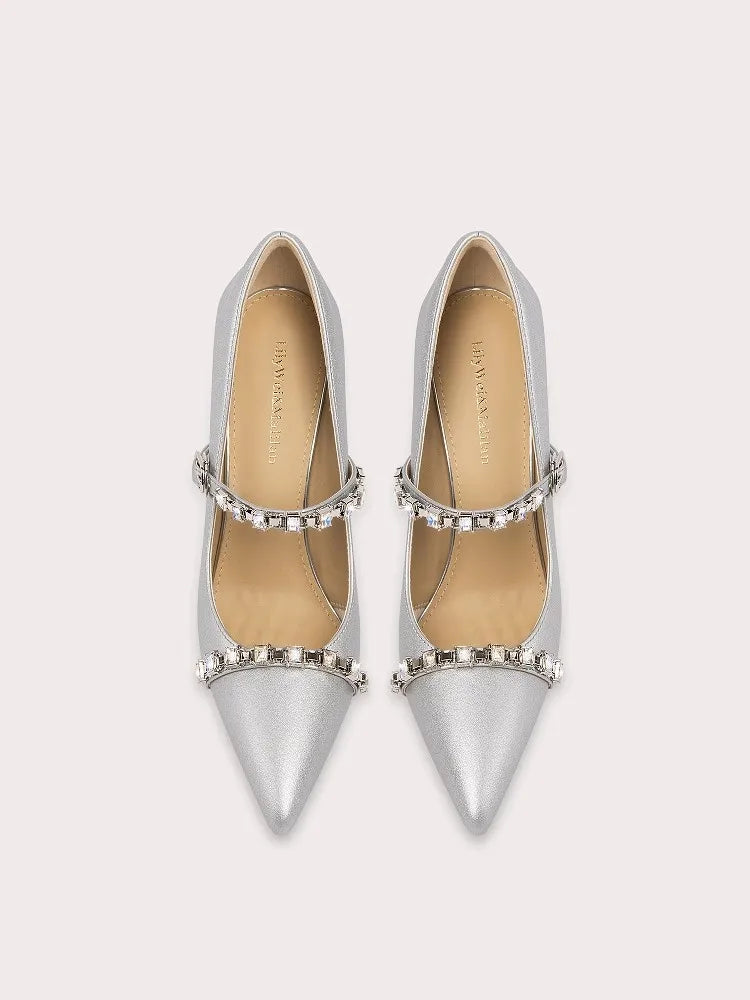 Pair of silver pointed-toe shoes with embellishments on a light gray background