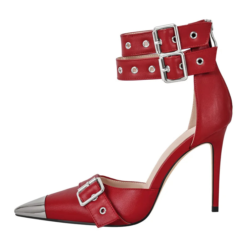 Red pointed toe buckle ankle strap heels with metal toe cap