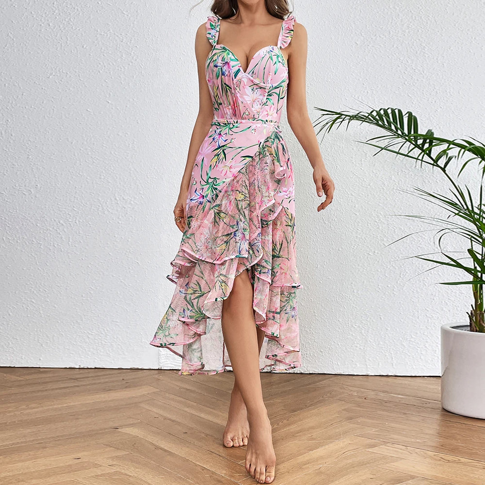 Ruffle trim floral print high-low hem swimwear set