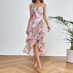 Ruffle trim floral print high-low hem swimwear set