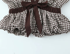 Brown Plaid Balloon Short Sleeve Peplum Top