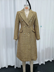 Gold Pearl Button Tweed Double Breasted Long Coat