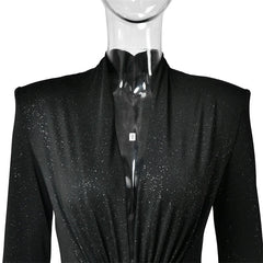 Long Sleeve Deep Neck Ruched Shimmering Slit Maxi Dress