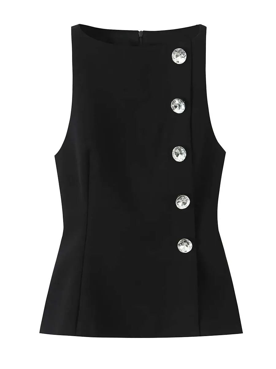 Black sleeveless top with decorative buttons on a white background