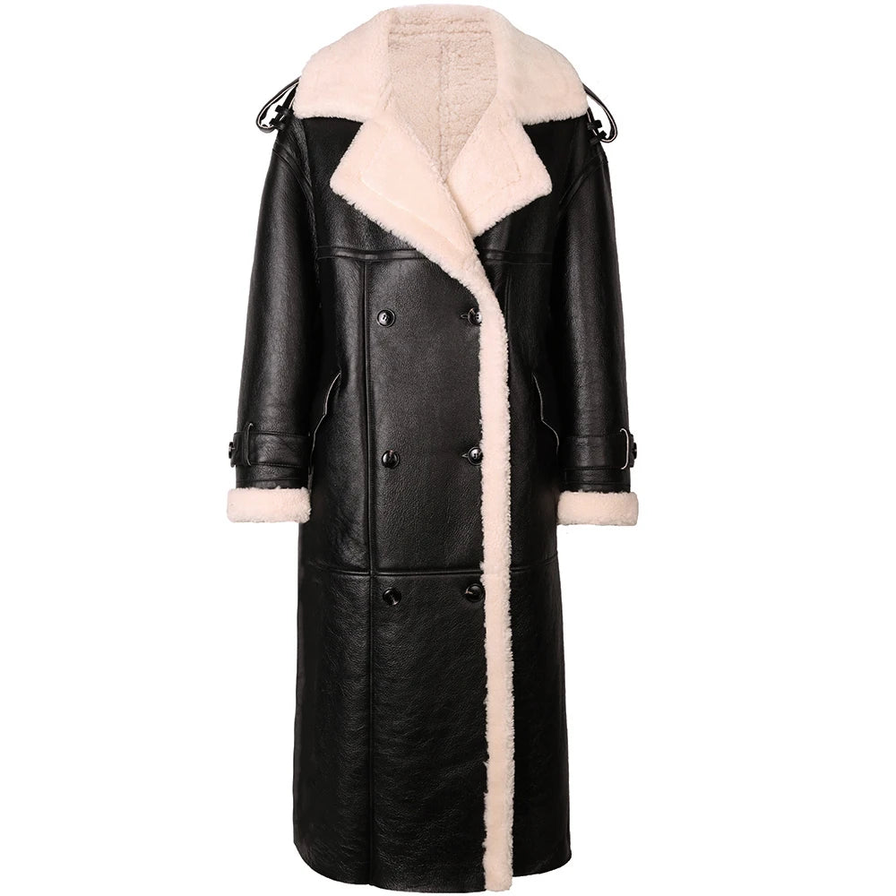 Black leather coat with beige shearling lining