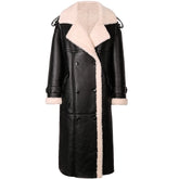 Black leather coat with beige shearling lining