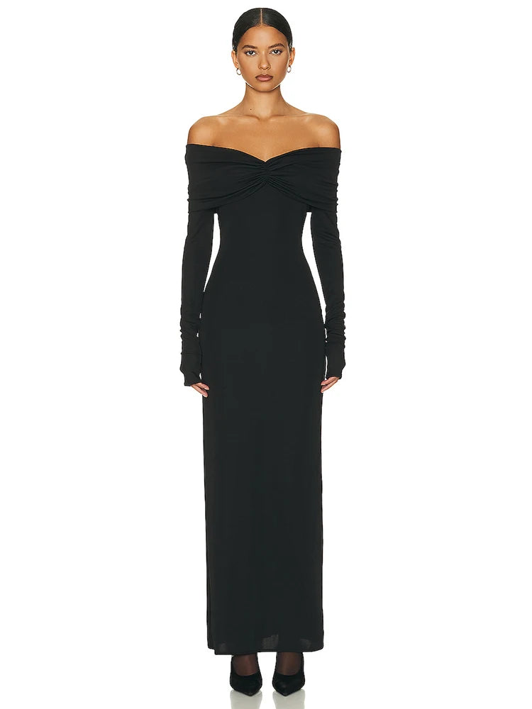 Black off-shoulder long-sleeve gown on a white background