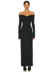 Black off-shoulder long-sleeve gown on a white background