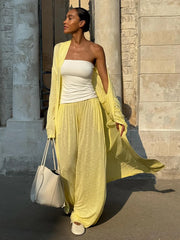 Yellow 2-Piece Lounge Set – Lightweight Cardigan & High-Waist Palazzo Trousers