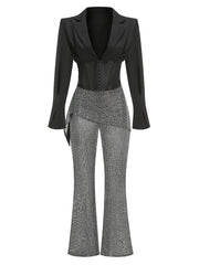 Black blazer and gray patterned pants on a white background