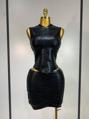 Black mock neck sleeveless top and mini skirt set
