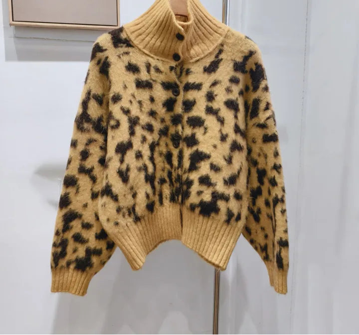 Yellow leopard print turtleneck coat