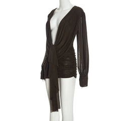 Draped Plunge Neck Long-Sleeve Mini Dress