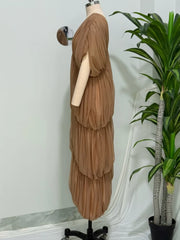 Brown Draped Layered Deep Neck Maxi Dress
