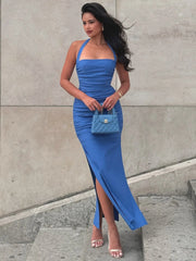 Blue Pleated Halter Maxi Dress | Elegant Summer Party Edit