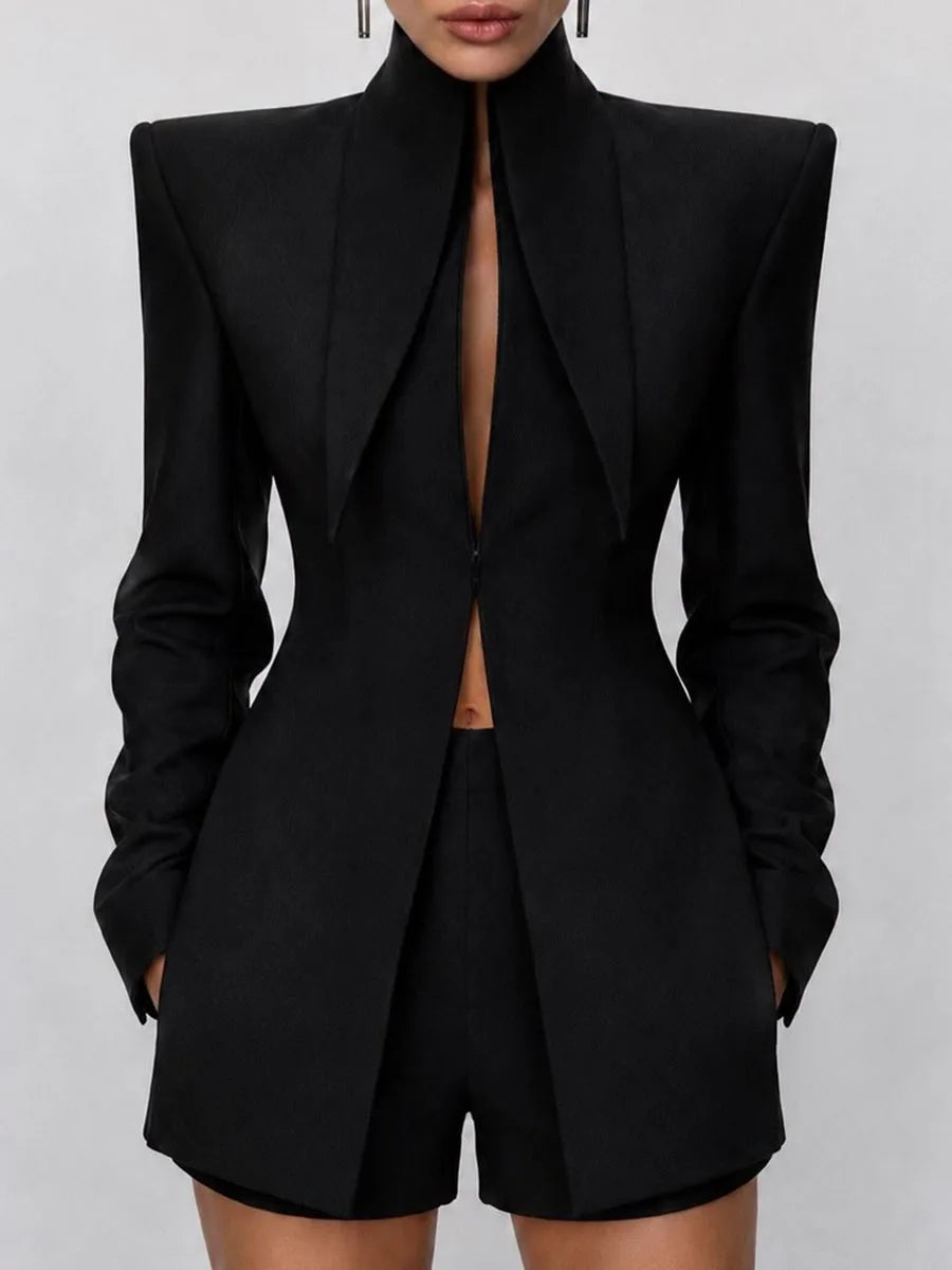 Close-up of the cut out collar on a black blazer
