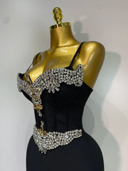 Strapless V-Neck Crystal Embellished Body-Con Maxi Dress