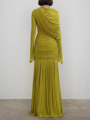 Draped mesh maxi dress on model, back view