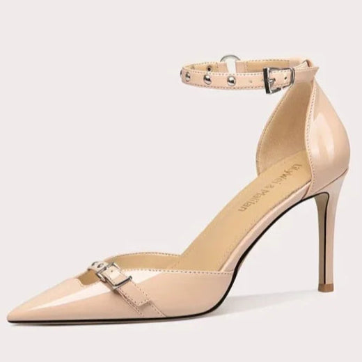 Beige high-heeled shoe on a white background with text indicating heel height.