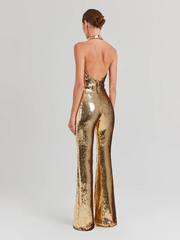 Gold sequin sleeveless V neck wide leg jumpsuit.