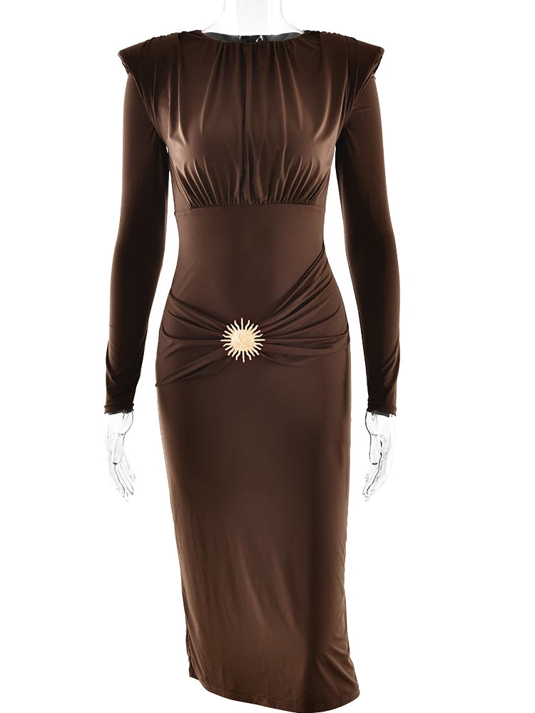 Elegant draped waist dress with gold accent
