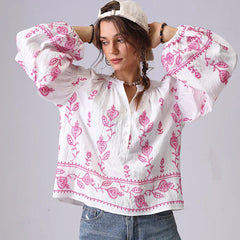 Embroidered Cotton Blouse with Lantern Sleeves