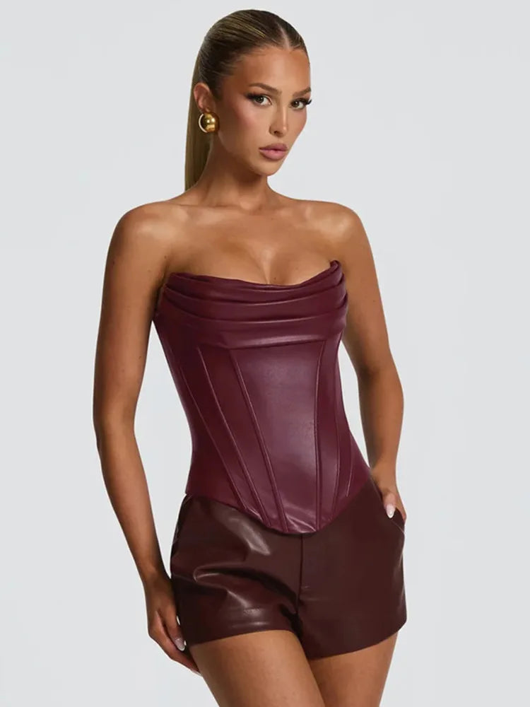 Strapless PU leather corset top with sculpted fit