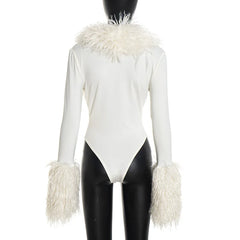Faux Fur Trimmed V-Neck Long Sleeve Bodysuit