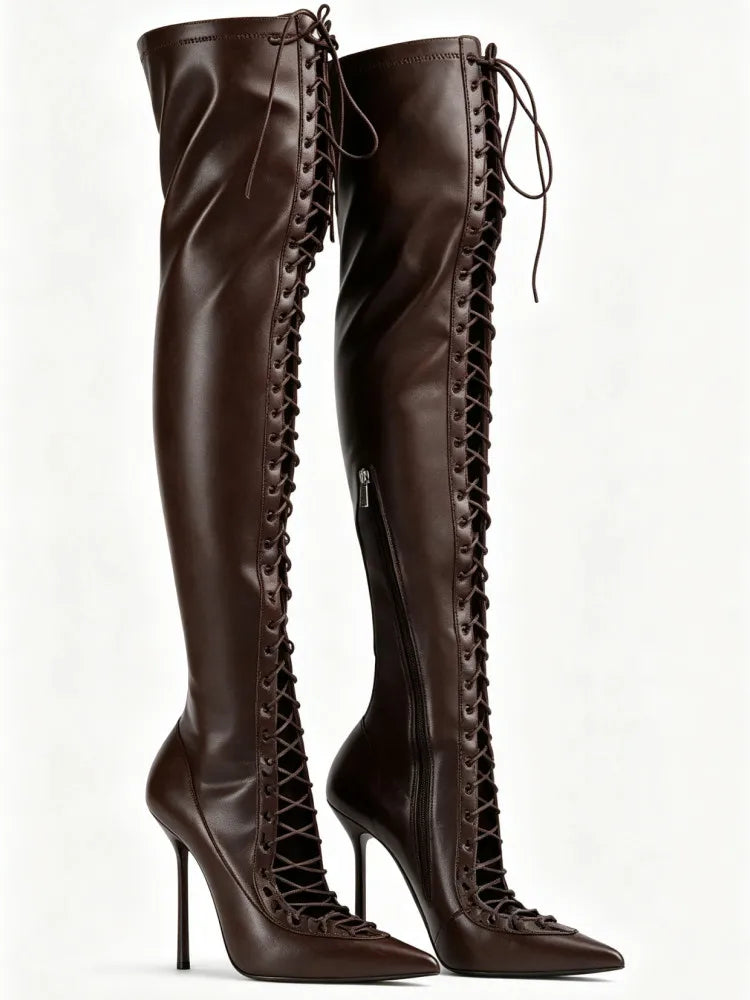 Brown leather lace-up stiletto over-the-knee boots