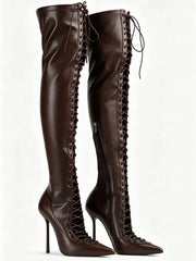 Brown leather lace-up stiletto over-the-knee boots