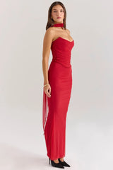 Red Corset Crop Top And Bodycon Maxi Skirt With Scarf Set