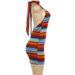 Striped Knit Halter Backless Mini Dress