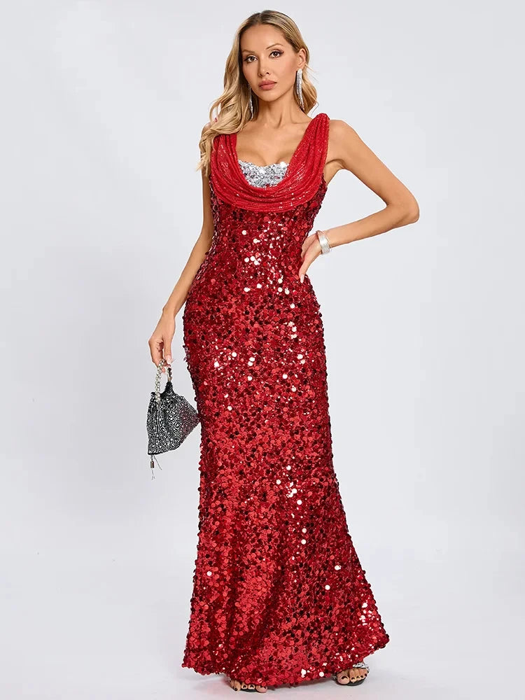 Woman wearing a red sequin dress on a white background