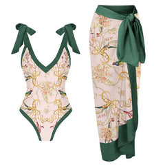 Tie-Strap V-Neck One-Piece Swimsuit with Matching Sarong Set