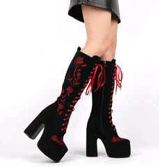 Floral Embroidery Lace Up Platform Boots