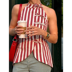 Red and white striped sleeveless top with lace-up front
