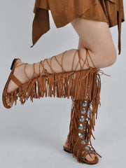 Fringed Gladiator Open Toe Flat Sandals