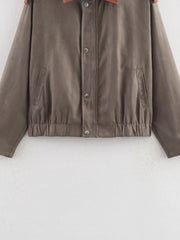 Brown Zip Up Pu Collared Jacket