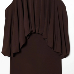 Brown off-shoulder dress on a white background