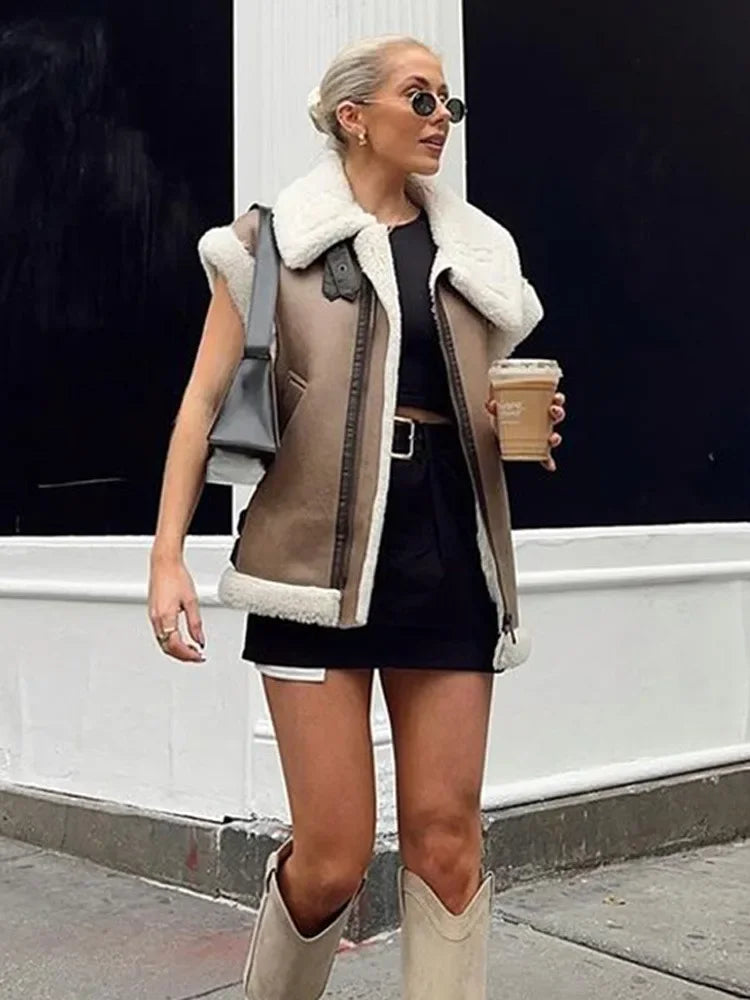 Woman wearing a brown shearling vest with white fur trim, holding a coffee cup, standing on a street.