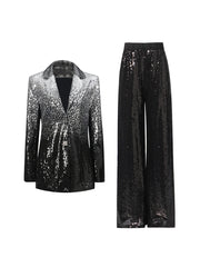 Black sequin blazer and wide-leg pants on a white background