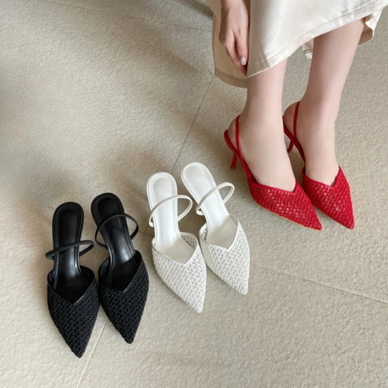 Collection of black, white, and red mesh slingback pointed toe stiletto heels