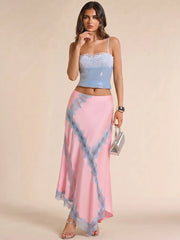 Satin Lace Patchwork Maxi Skirt